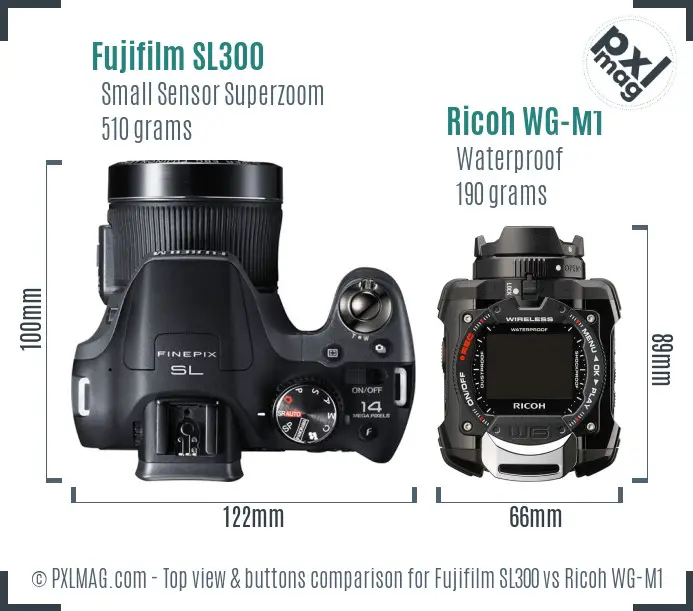 Fujifilm SL300 vs Ricoh WG-M1 top view buttons comparison