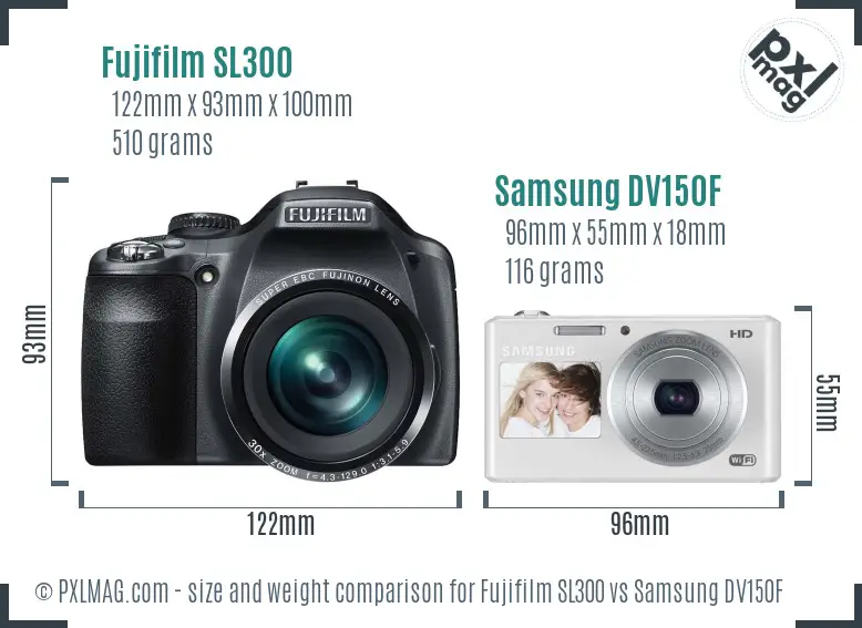 Fujifilm SL300 vs Samsung DV150F size comparison