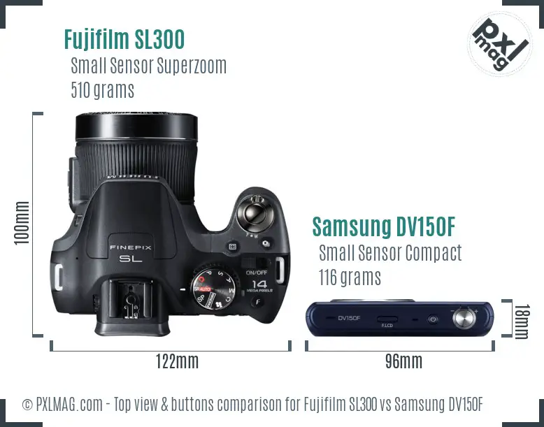 Fujifilm SL300 vs Samsung DV150F top view buttons comparison