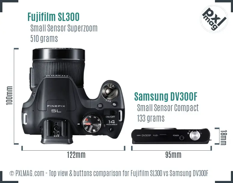 Fujifilm SL300 vs Samsung DV300F top view buttons comparison