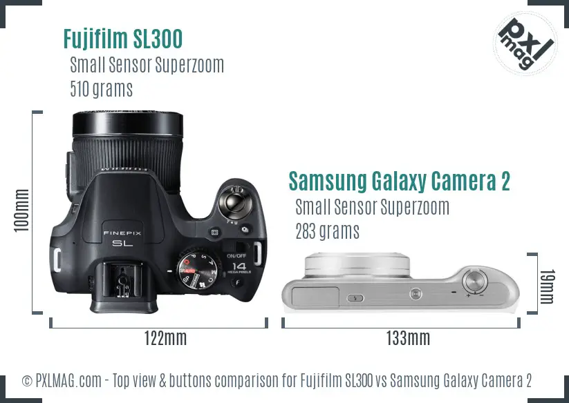 Fujifilm SL300 vs Samsung Galaxy Camera 2 top view buttons comparison