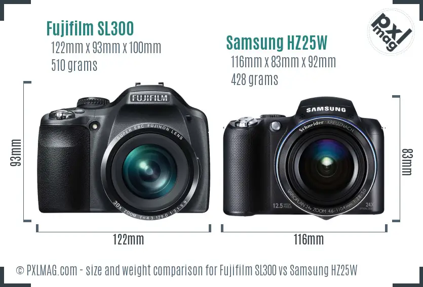 Fujifilm SL300 vs Samsung HZ25W size comparison