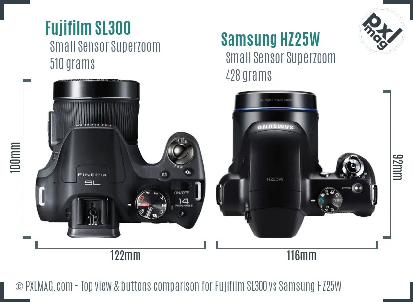 Fujifilm SL300 vs Samsung HZ25W top view buttons comparison