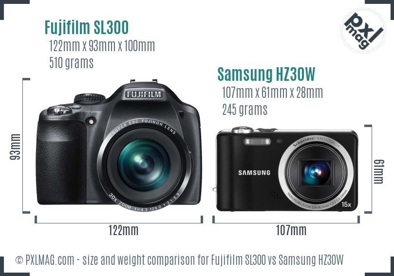 Fujifilm SL300 vs Samsung HZ30W size comparison