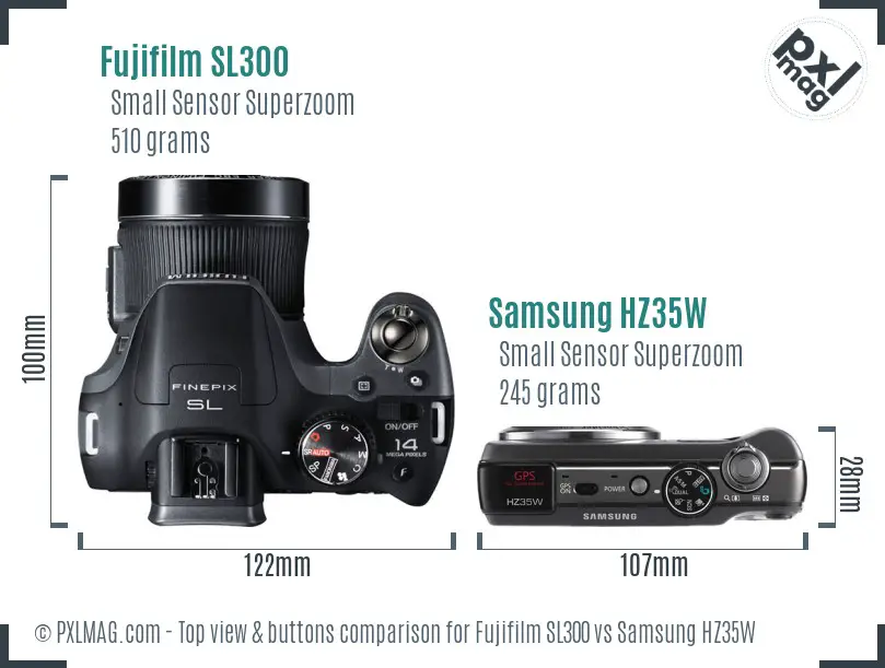 Fujifilm SL300 vs Samsung HZ35W top view buttons comparison