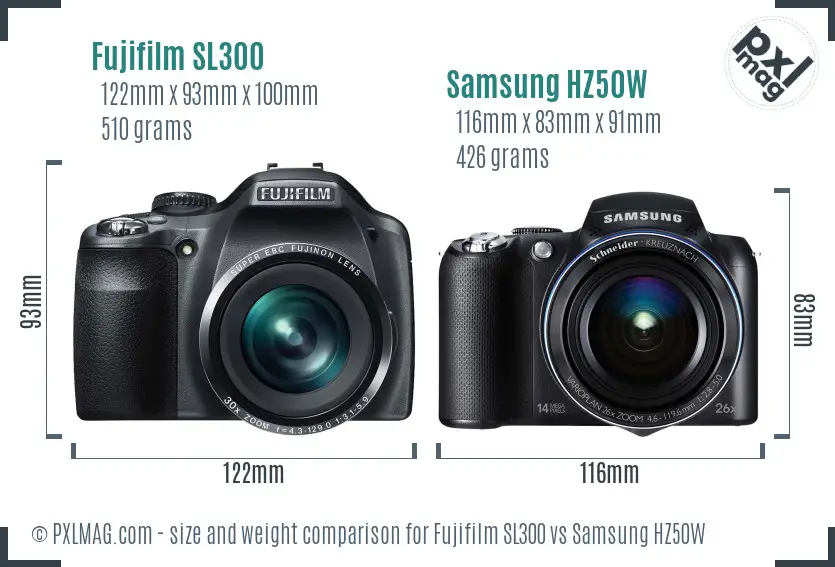 Fujifilm SL300 vs Samsung HZ50W size comparison