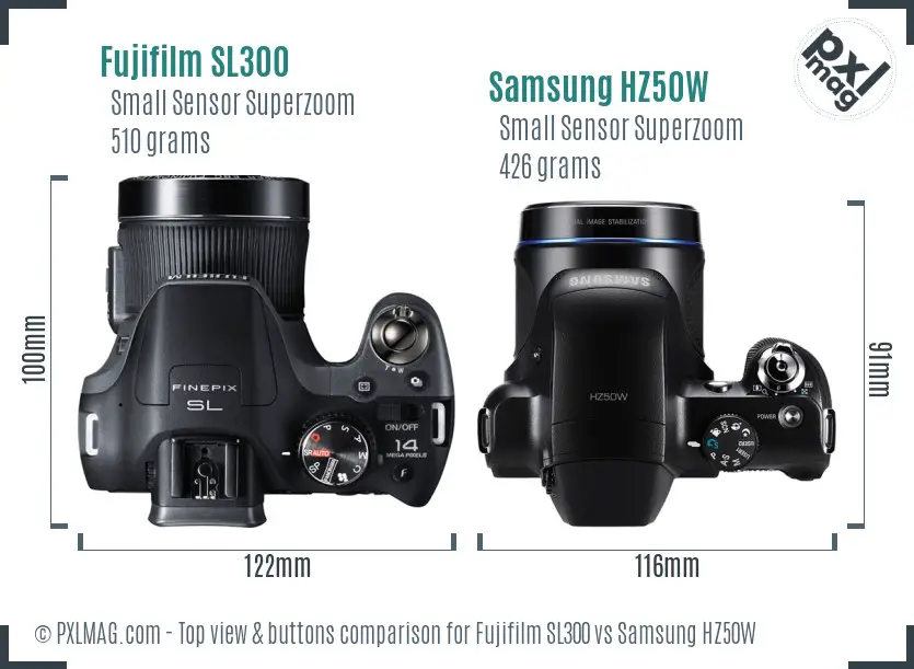 Fujifilm SL300 vs Samsung HZ50W top view buttons comparison