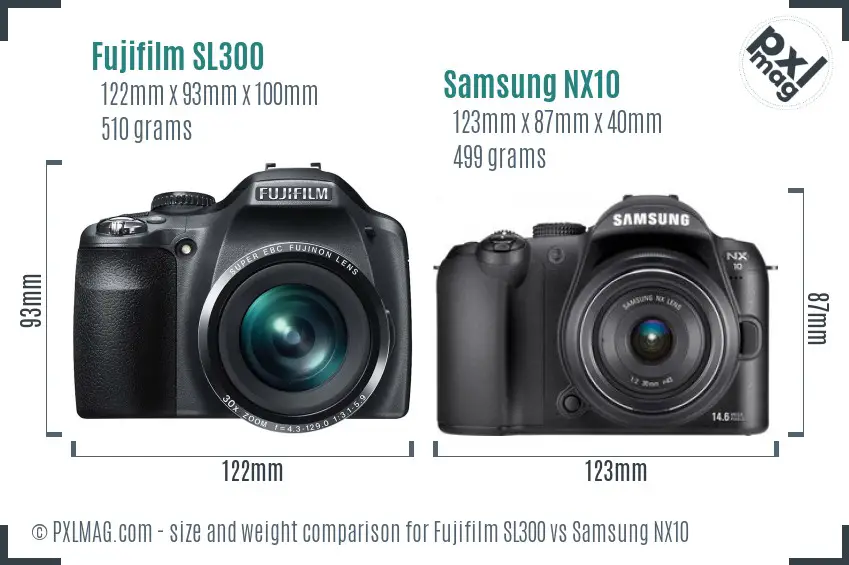 Fujifilm SL300 vs Samsung NX10 size comparison