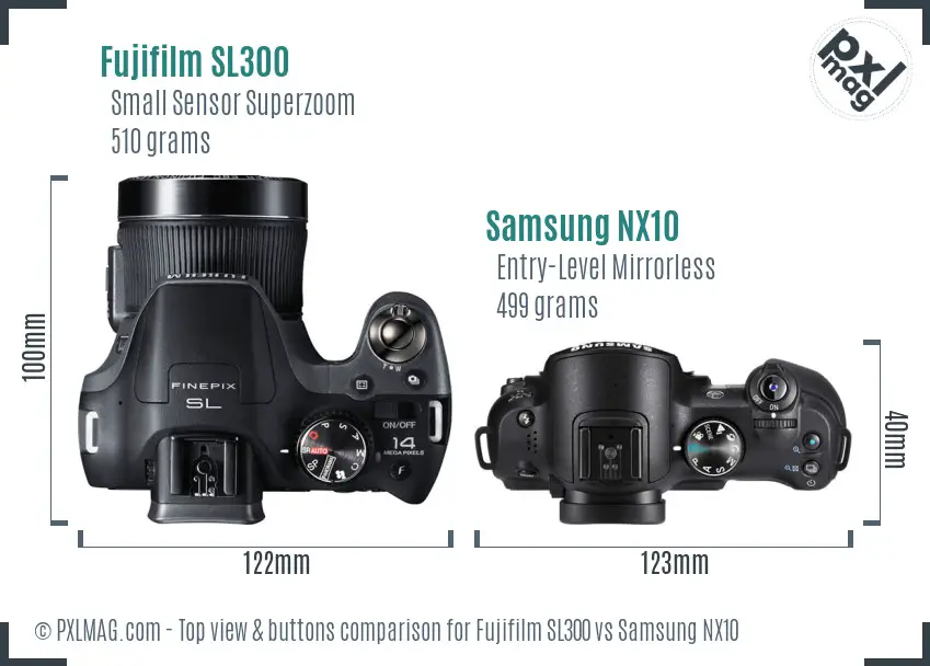 Fujifilm SL300 vs Samsung NX10 top view buttons comparison