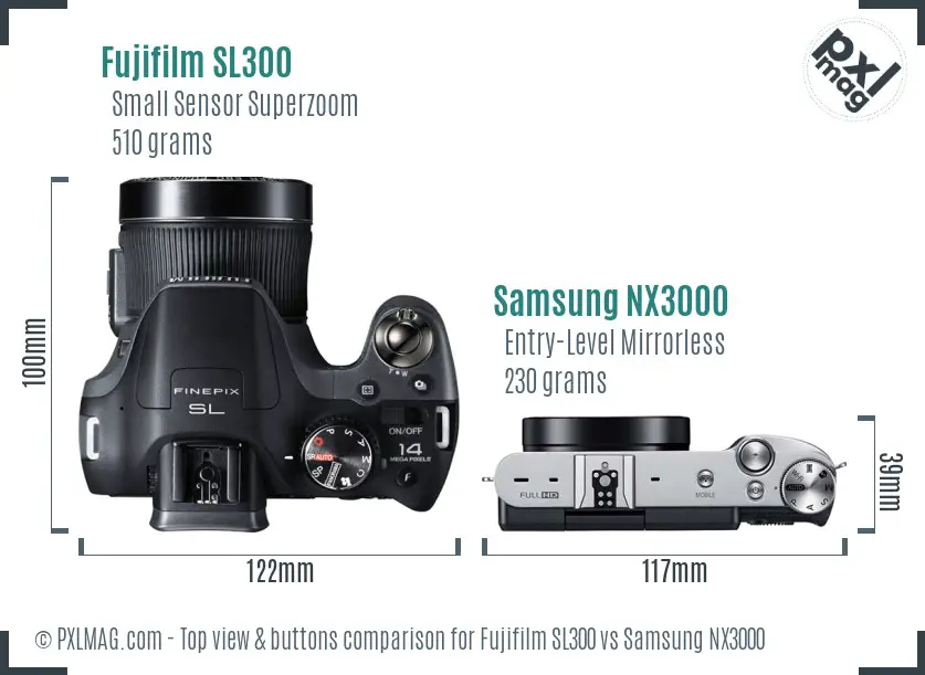 Fujifilm SL300 vs Samsung NX3000 top view buttons comparison