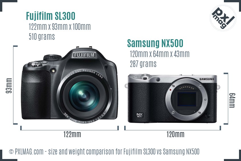 Fujifilm SL300 vs Samsung NX500 size comparison