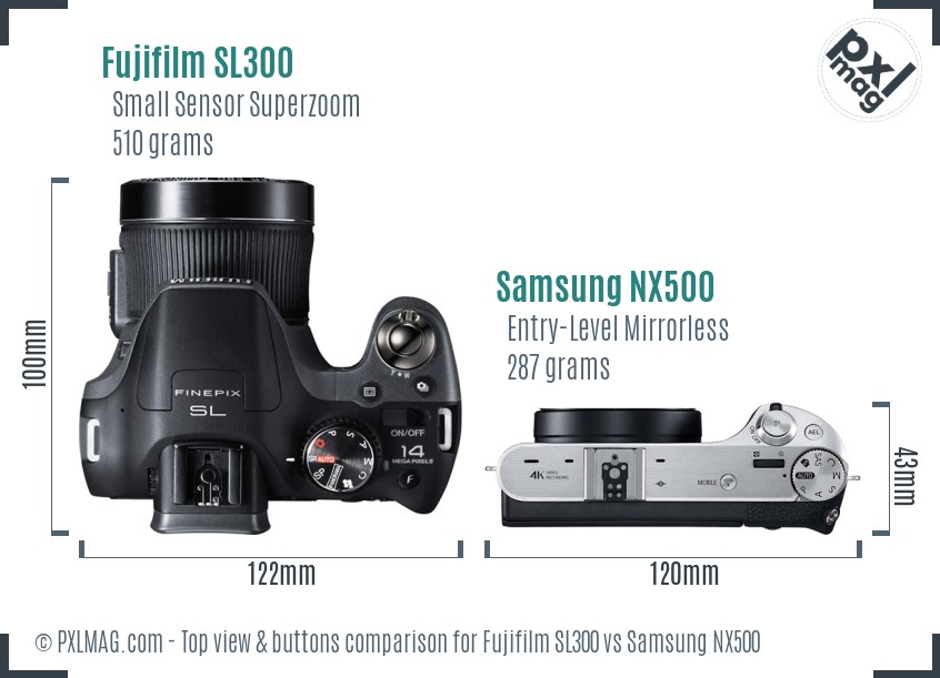 Fujifilm SL300 vs Samsung NX500 top view buttons comparison