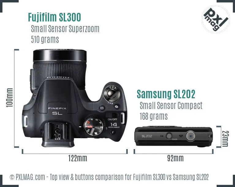 Fujifilm SL300 vs Samsung SL202 top view buttons comparison Fujifilm SL300 vs Samsung SL202 top view buttons comparison
