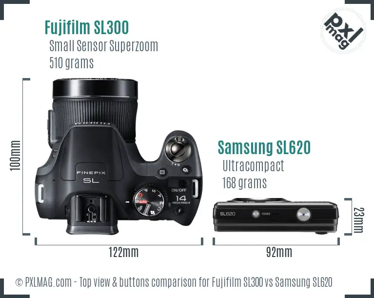 Fujifilm SL300 vs Samsung SL620 top view buttons comparison Fujifilm SL300 vs Samsung SL620 top view buttons comparison