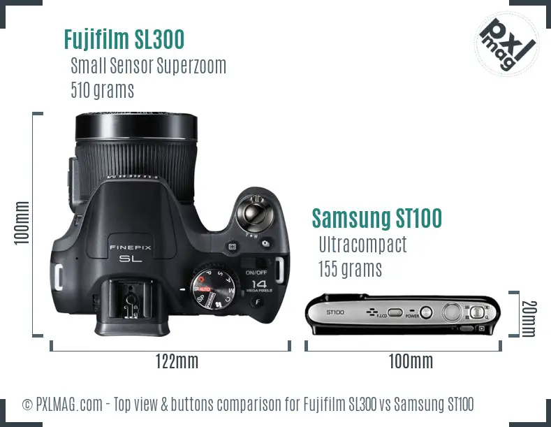 Fujifilm SL300 vs Samsung ST100 top view buttons comparison