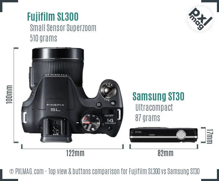 Fujifilm SL300 vs Samsung ST30 top view buttons comparison