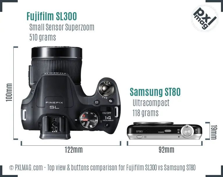 Fujifilm SL300 vs Samsung ST80 top view buttons comparison Fujifilm SL300 vs Samsung ST80 top view buttons comparison