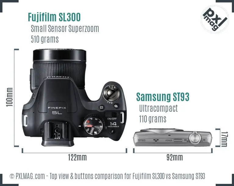 Fujifilm SL300 vs Samsung ST93 top view buttons comparison