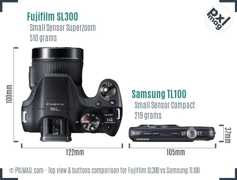 Fujifilm SL300 vs Samsung TL100 top view buttons comparison