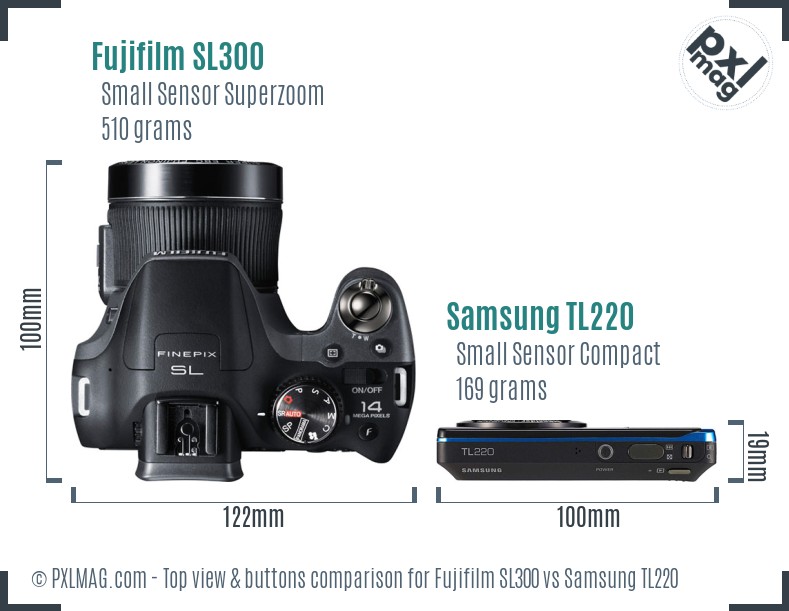 Fujifilm SL300 vs Samsung TL220 top view buttons comparison