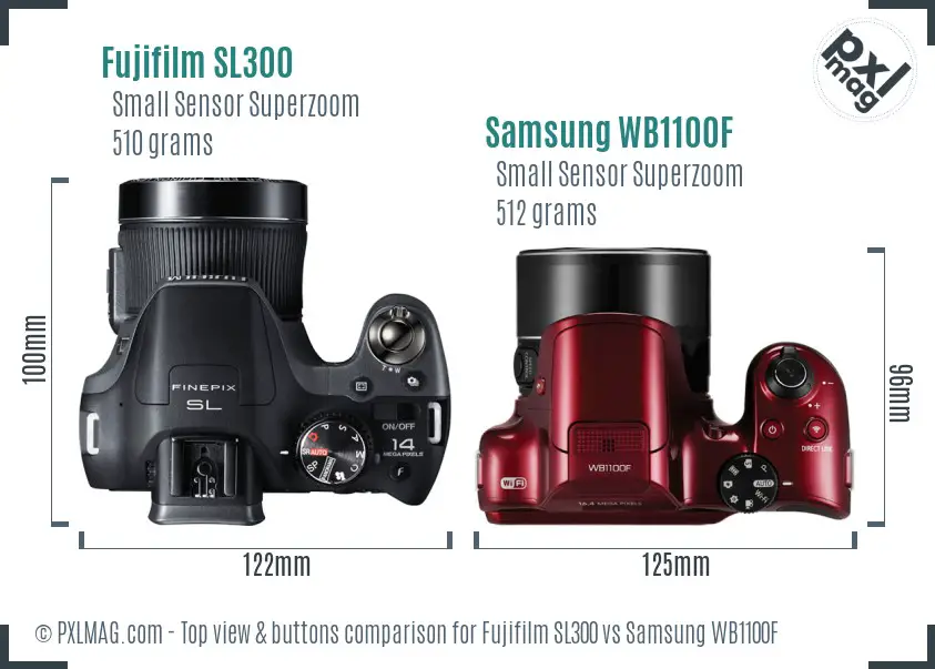 Fujifilm SL300 vs Samsung WB1100F top view buttons comparison Fujifilm SL300 vs Samsung WB1100F top view buttons comparison