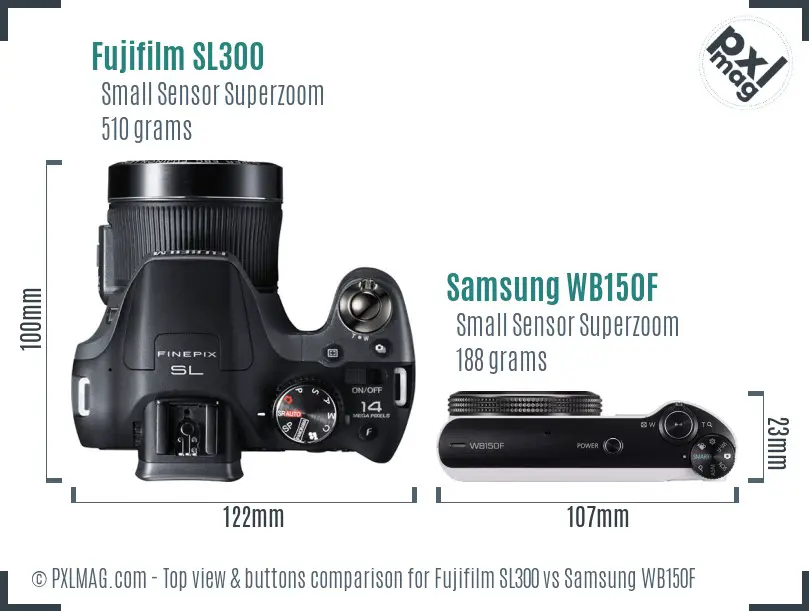 Fujifilm SL300 vs Samsung WB150F top view buttons comparison