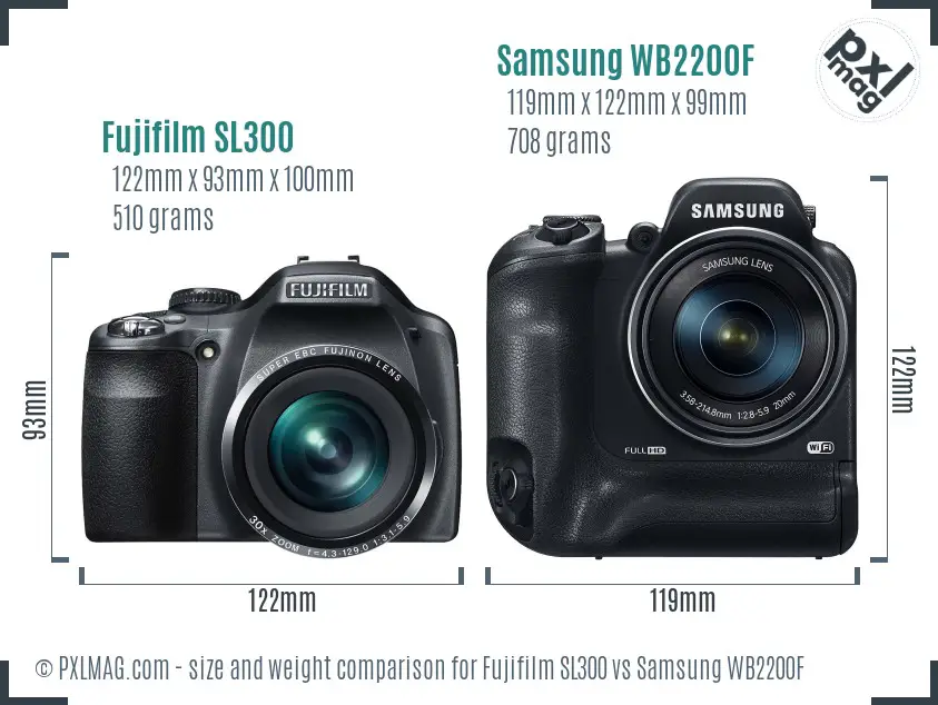 Fujifilm SL300 vs Samsung WB2200F size comparison