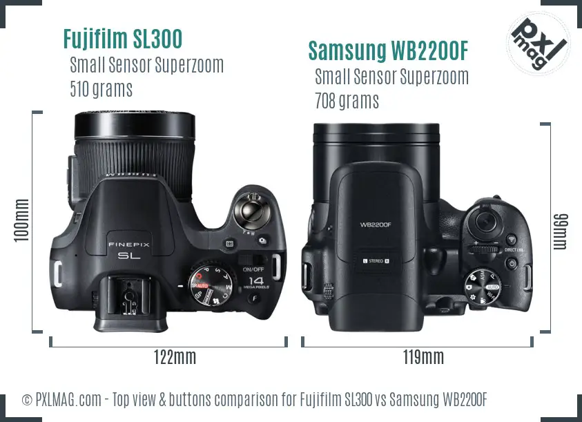 Fujifilm SL300 vs Samsung WB2200F top view buttons comparison