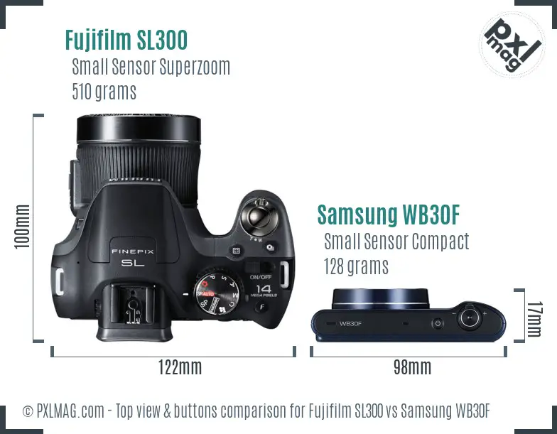 Fujifilm SL300 vs Samsung WB30F top view buttons comparison