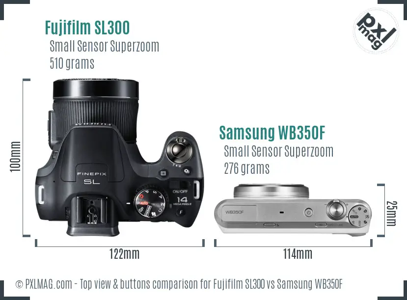 Fujifilm SL300 vs Samsung WB350F top view buttons comparison