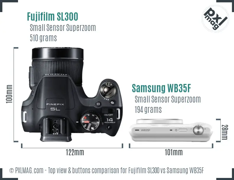 Fujifilm SL300 vs Samsung WB35F top view buttons comparison Fujifilm SL300 vs Samsung WB35F top view buttons comparison