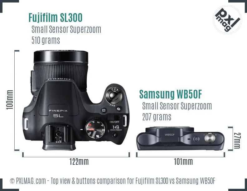 Fujifilm SL300 vs Samsung WB50F top view buttons comparison Fujifilm SL300 vs Samsung WB50F top view buttons comparison