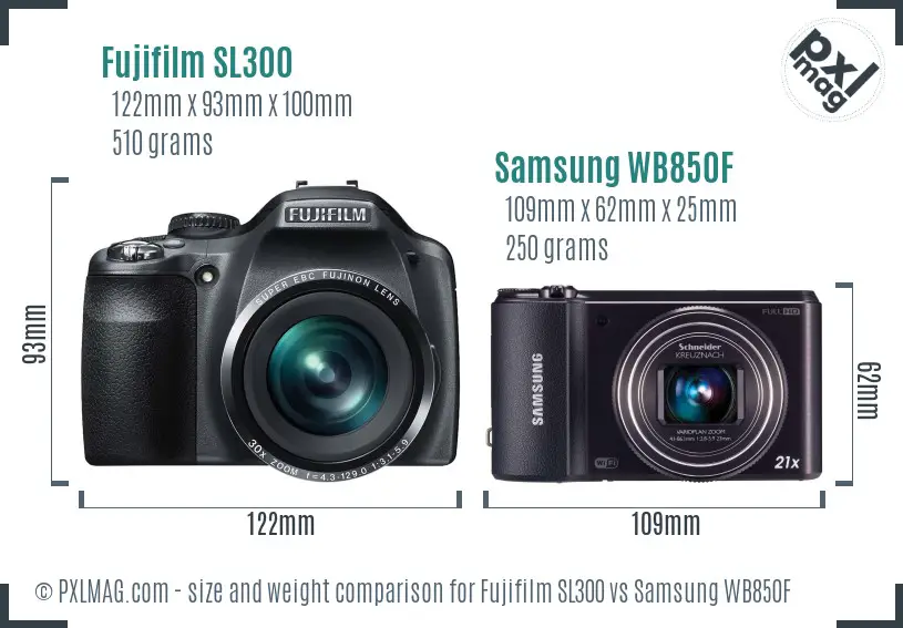 Fujifilm SL300 vs Samsung WB850F size comparison