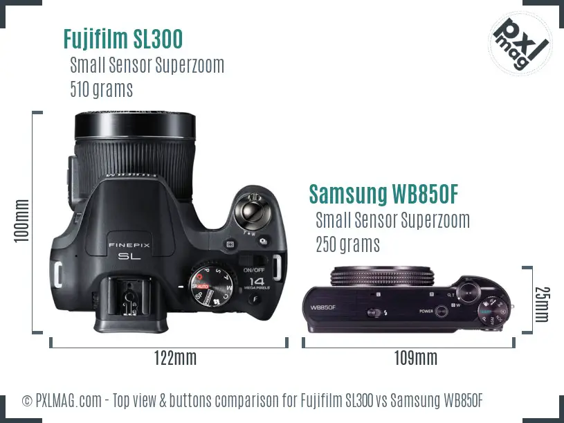 Fujifilm SL300 vs Samsung WB850F top view buttons comparison