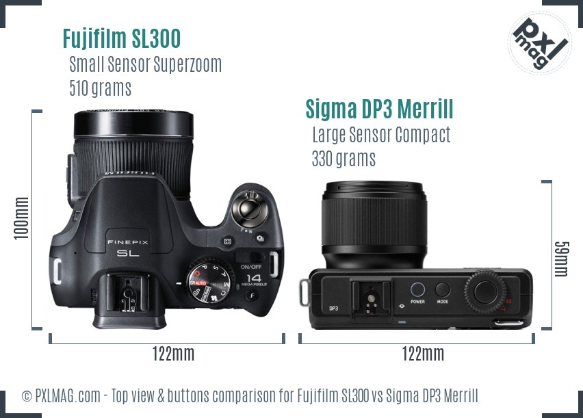 Fujifilm SL300 vs Sigma DP3 Merrill top view buttons comparison