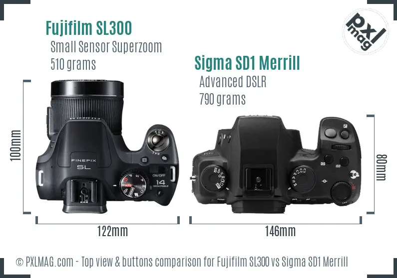 Fujifilm SL300 vs Sigma SD1 Merrill top view buttons comparison