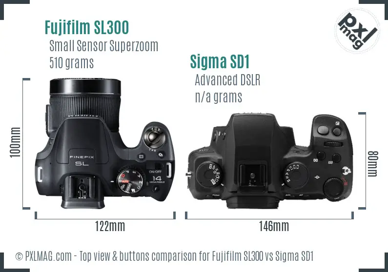 Fujifilm SL300 vs Sigma SD1 top view buttons comparison