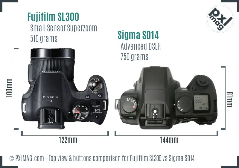 Fujifilm SL300 vs Sigma SD14 top view buttons comparison Fujifilm SL300 vs Sigma SD14 top view buttons comparison