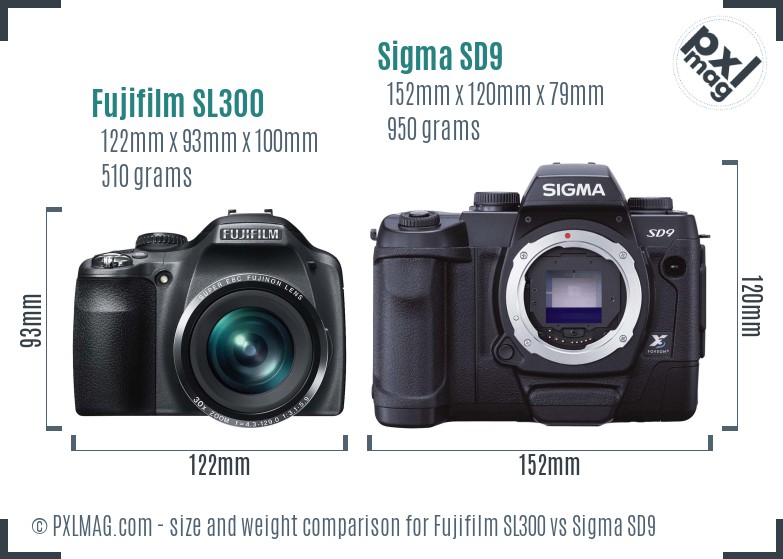 Fujifilm SL300 vs Sigma SD9 size comparison