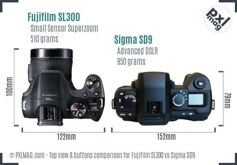Fujifilm SL300 vs Sigma SD9 top view buttons comparison
