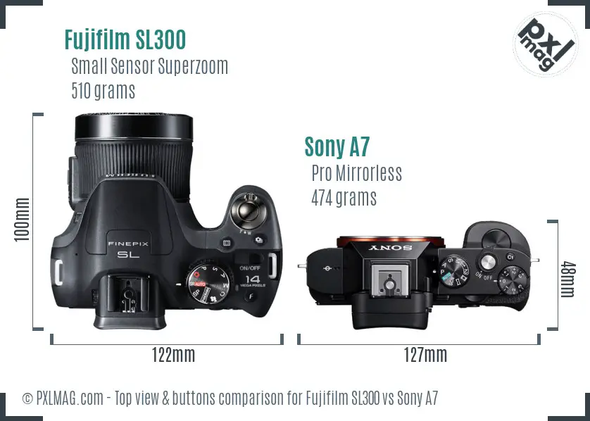 Fujifilm SL300 vs Sony A7 top view buttons comparison
