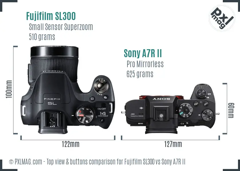 Fujifilm SL300 vs Sony A7R II top view buttons comparison