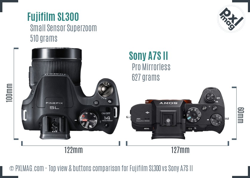 Fujifilm SL300 vs Sony A7S II top view buttons comparison