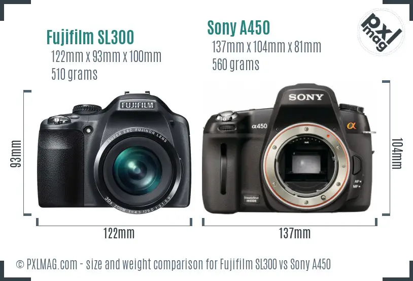 Fujifilm SL300 vs Sony A450 size comparison