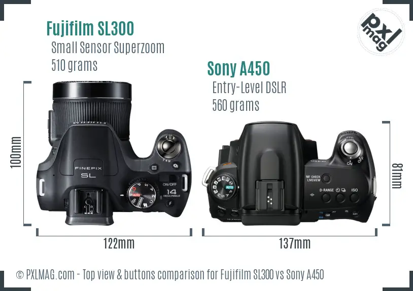 Fujifilm SL300 vs Sony A450 top view buttons comparison