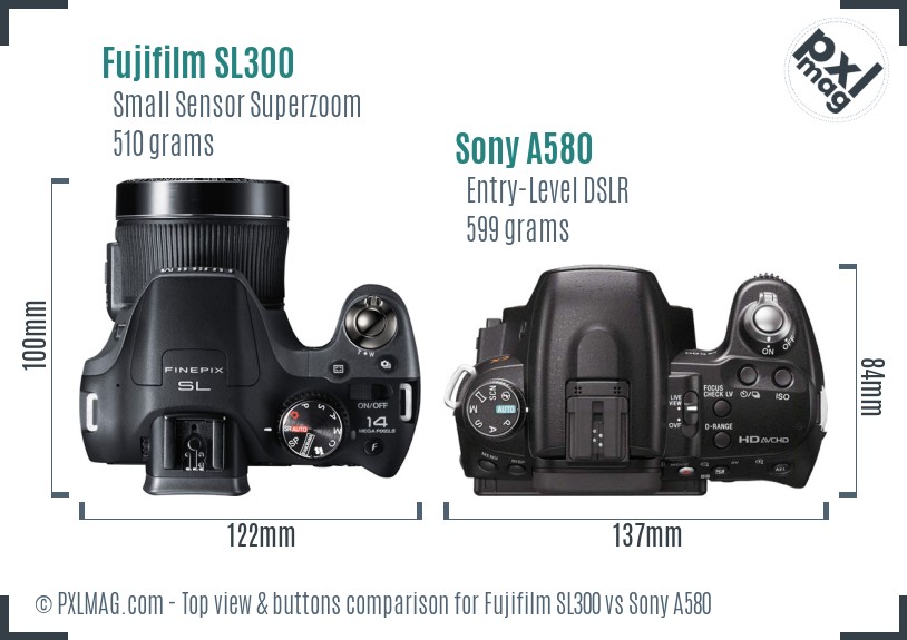 Fujifilm SL300 vs Sony A580 top view buttons comparison