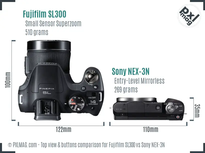 Fujifilm SL300 vs Sony NEX-3N top view buttons comparison