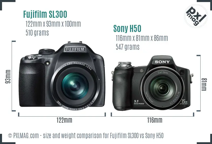 Fujifilm SL300 vs Sony H50 size comparison