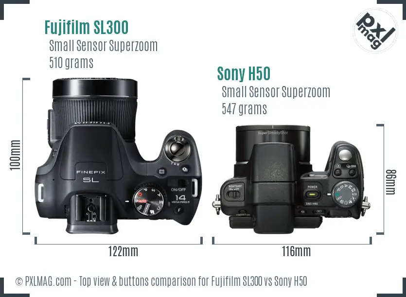 Fujifilm SL300 vs Sony H50 top view buttons comparison