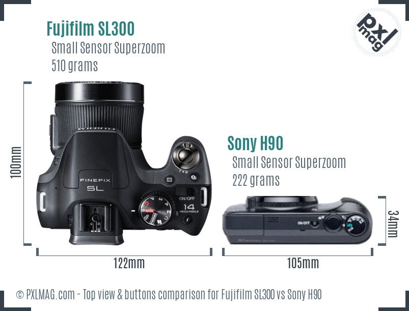 Fujifilm SL300 vs Sony H90 top view buttons comparison